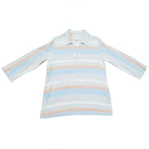 Cynthia Rowley Women's 100% Linen Tunic Top Medium M Striped 3/4 Sleeve Button